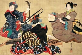 Three Women Playing Musical Instruments, about Bunsei (1818--1830) to Tenpo (18301844) era, by Katsushika Oi (Japanese, active about 1818after 1854). Hanging scroll; ink and color on silk. William Sturgis Bigelow Collection.