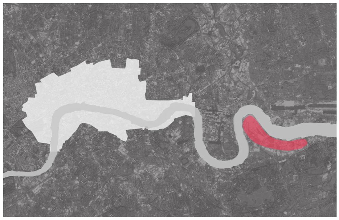 Diagram of the location of Evelyn’s proposed relocation of “Smokey Trades” shaded red, superimposed over an aerial image of greater London, 2015. Area shaded white is the extent of metropolitan London, c. 1690. 