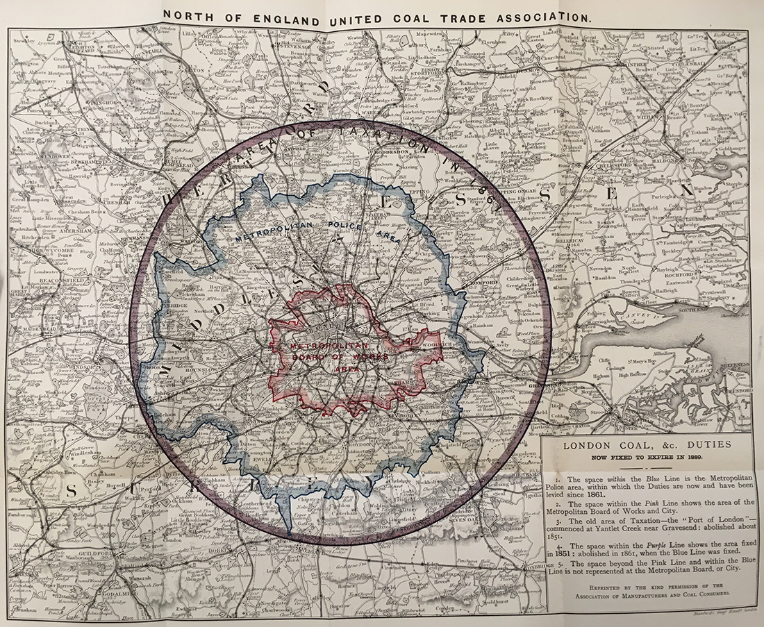 Map of Area of Coal Duties (Newcastle, 1885). From An Account of the Duties on Coal, and the London Coal and Wine Duties. Source: London Metropolitan Archives, LCC/PUB/09/081.