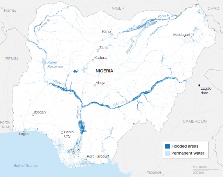 Flooding in Nigeria between October 1st and 19th, 2022. (Image courtesy of Cloud to Street, Renée Rigdon, Krystina Shveda, and CNN)