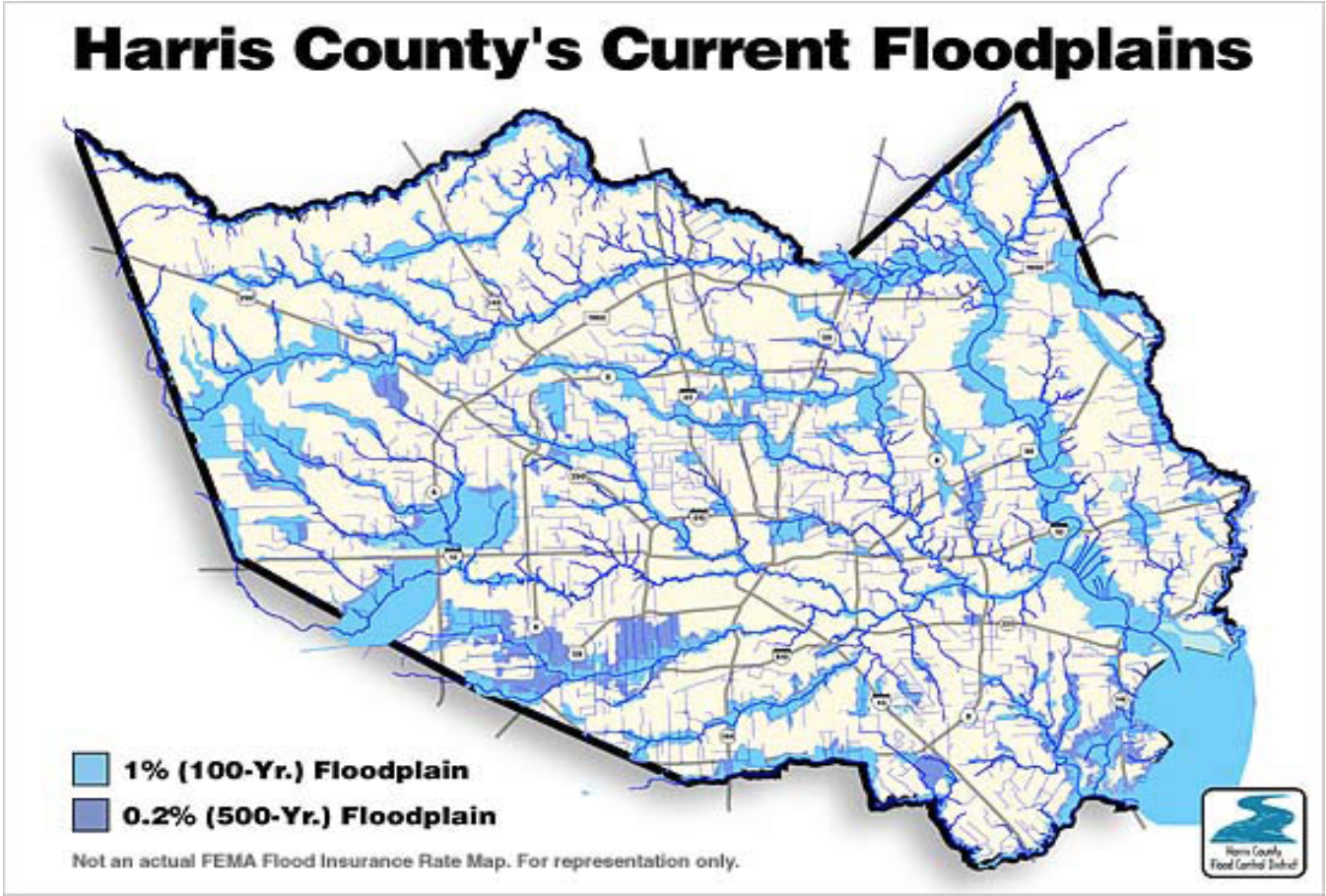  A 2013 map of the estimated 100-year and 500-year floodplains for Harris County, where Houston is located. Army Corps of Engineers, “National Economic Development: Flood Risk Management,” 2013. 