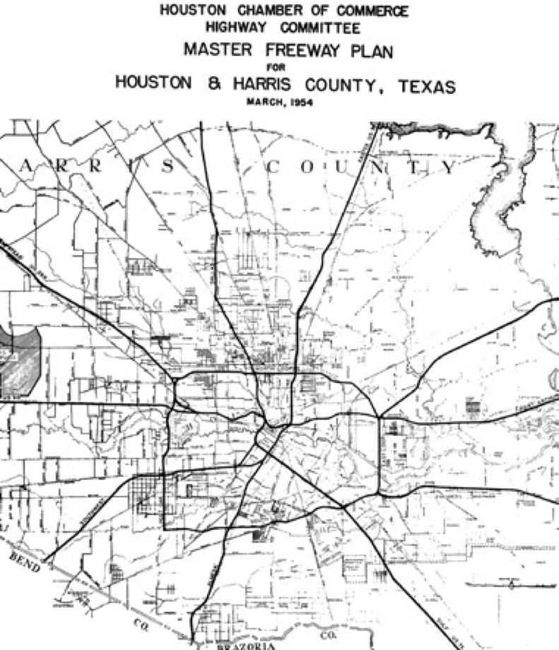 The final plan, March 1954: The general alignments of the core freeways in Houston’s freeway system were finalized in late 1953 and early 1954. Ralph Ellifrit, director of the City of Houston Planning Department, led efforts to define the alignment of the South Loop and the Southwest Freeway during this period. Only the South Freeway would sustain a major realignment after 1954. (Source: Greater Houston Partnership).