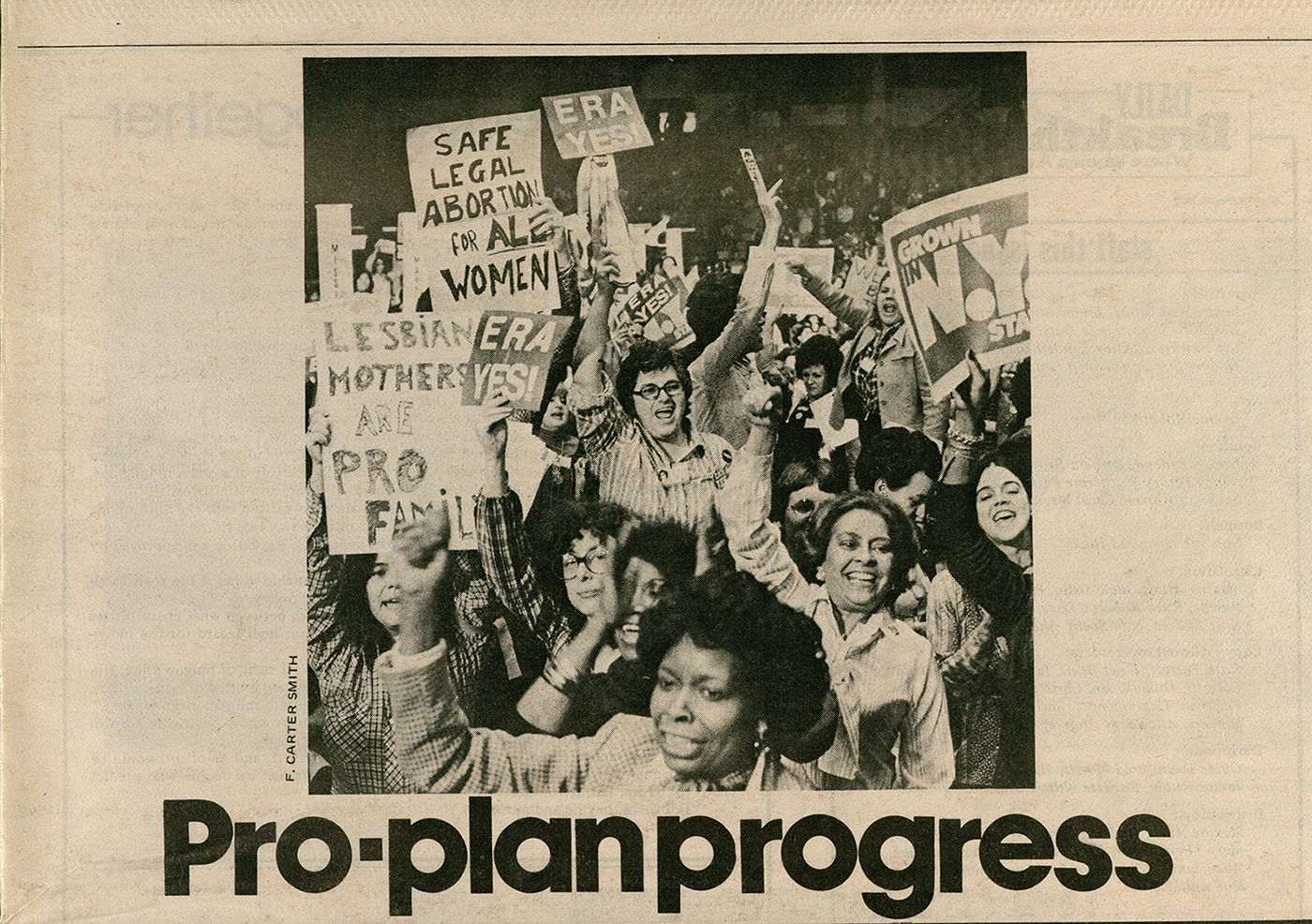 Newspaper headline from the National Women's Conference. Conference attendees advocate for various rights with their posters. Courtesy of F. Carter Smith and the University of Houston. Image available on the Internet and included in accordance with Title 17 U.S.C. Section 107.