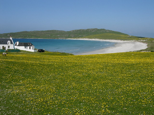 Traigh Bhi, Balephuil Bay, Isle of Tiree, The Hebrides. Looking West from Balephuil village. In the foreground, the famous Hebridean Machair. In the background, (almost) the highest "mountain" on Tiree (103m).