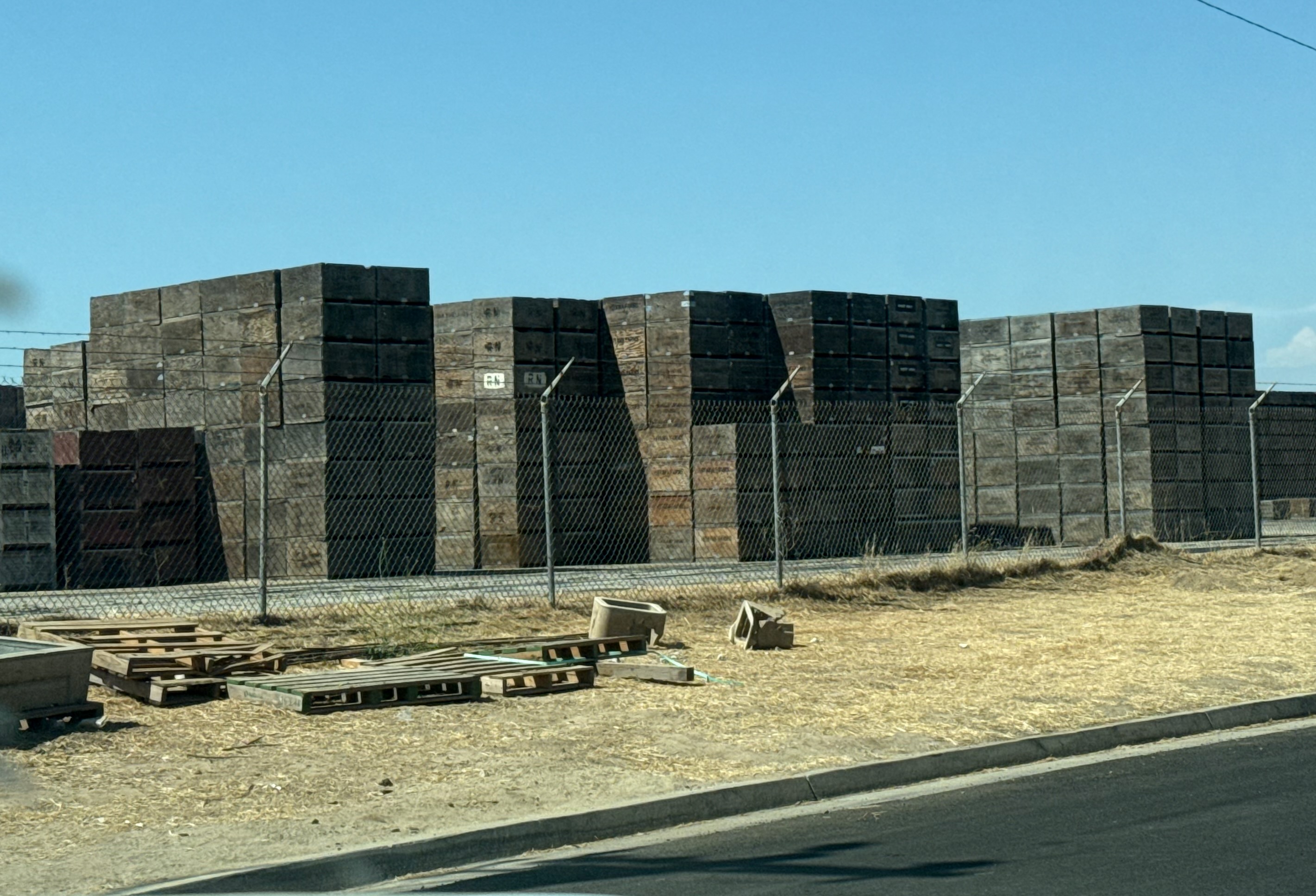 Grape crates outside of the remaining raisin packing houses. Photo by author. 