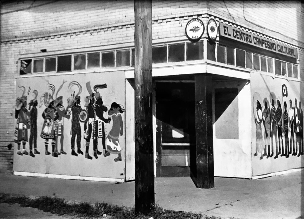 An exterior image of the El Teatro Campesino’s headquarters in Del Rey, Ca in 1968, in the Swanson Building. (El Teatro Campesino Archives). 