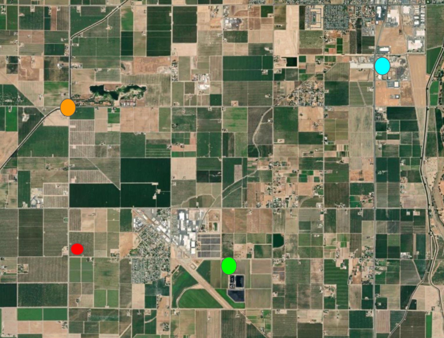 Diagram showing the approximate location of the vocal point as well as the three identified potential explanations of the emitter event. The focal point is marked by the RED dot. POM Wonderful is represented by the GREEN dot. The Liberty Power Plant is represented by the BLUE dot. The closest intersection to the natural gas pipeline is represented by the ORANGE dot.