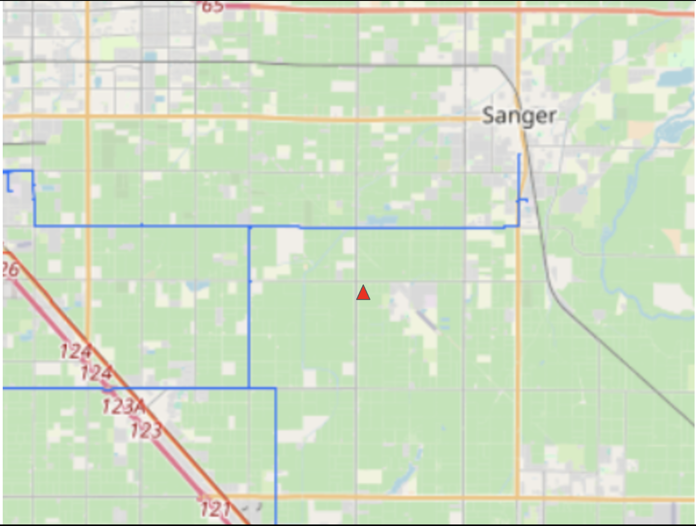 A screenshot from the National Pipeline Mapping System (NPMS) Public Map Viewer, the blue lines denote Gas Transmission Pipelines, the red triangle at the center represents the focal point.