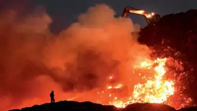 Ghazipur landfill fire, 2024. © Times of India. https://timesofindia.indiatimes.com/city/delhi/red-hot-ghazipur-mountain-of-shame-up-in-flames-again/articleshow/109486073.cms.