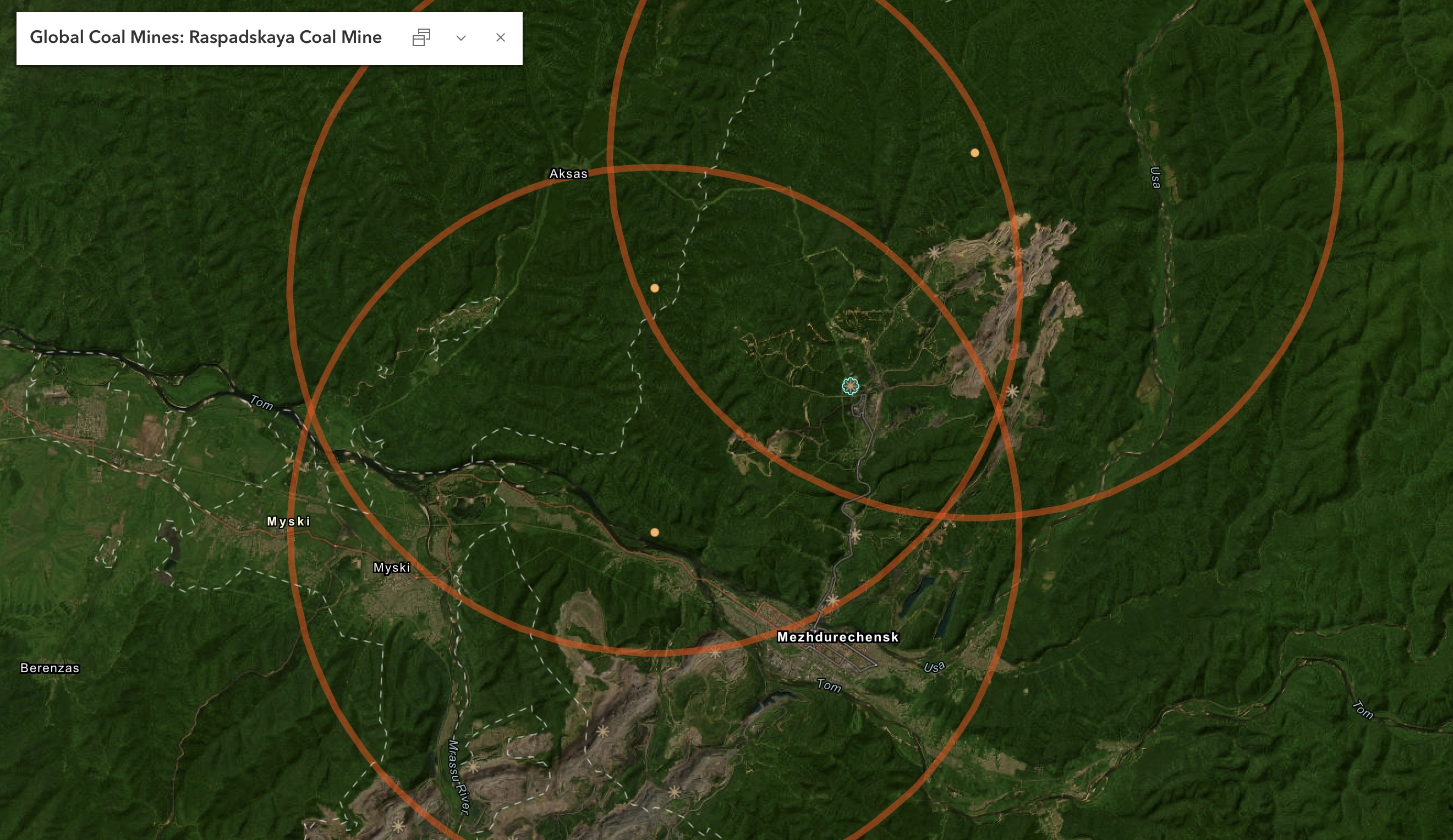 The Raspadskaya mine site at the intersection of three methane plumes.