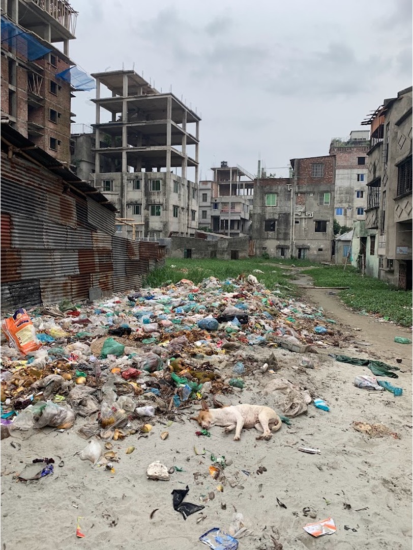 In the dense residential area about 1 kilometer from the landfill, a site on the side of the road where residents throw their garbage. © Dev Patel, 2023