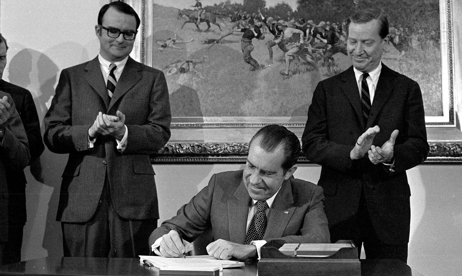 Nixon signs the Clean Air Act of 1970 as William Ruckelshaus (left), head of the newly formed Environmental Protection Agency, and Russell Train (right), chairman of the Council on Environmental Quality, look on. https://www.sciencehistory.org/stories/magazine/richard-nixon-and-the-rise-of-american-environmentalism/ Nixon signs the Clean Air Act of 1970 as William Ruckelshaus (left), head of the newly formed Environmental Protection Agency, and Russell Train (right), chairman of the Council on Environmental Quality, look on. https://www.sciencehistory.org/stories/magazine/richard-nixon-and-the-rise-of-american-environmentalism/