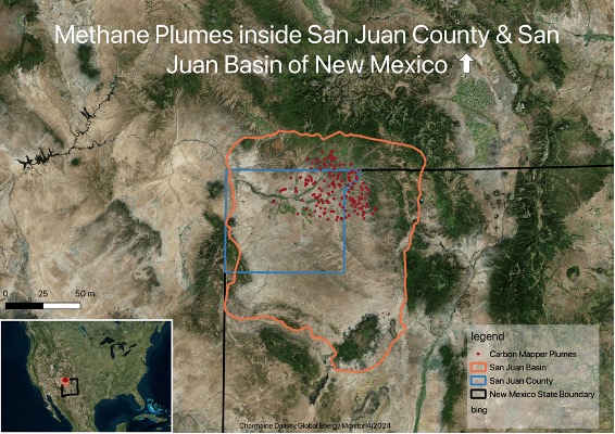 Map showing CarbonMapper Methane Plumes within San Juan County in New Mexico.