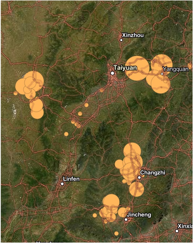 The methane emission sites within the Shanxi province. The methane emission sites within the Shanxi province.