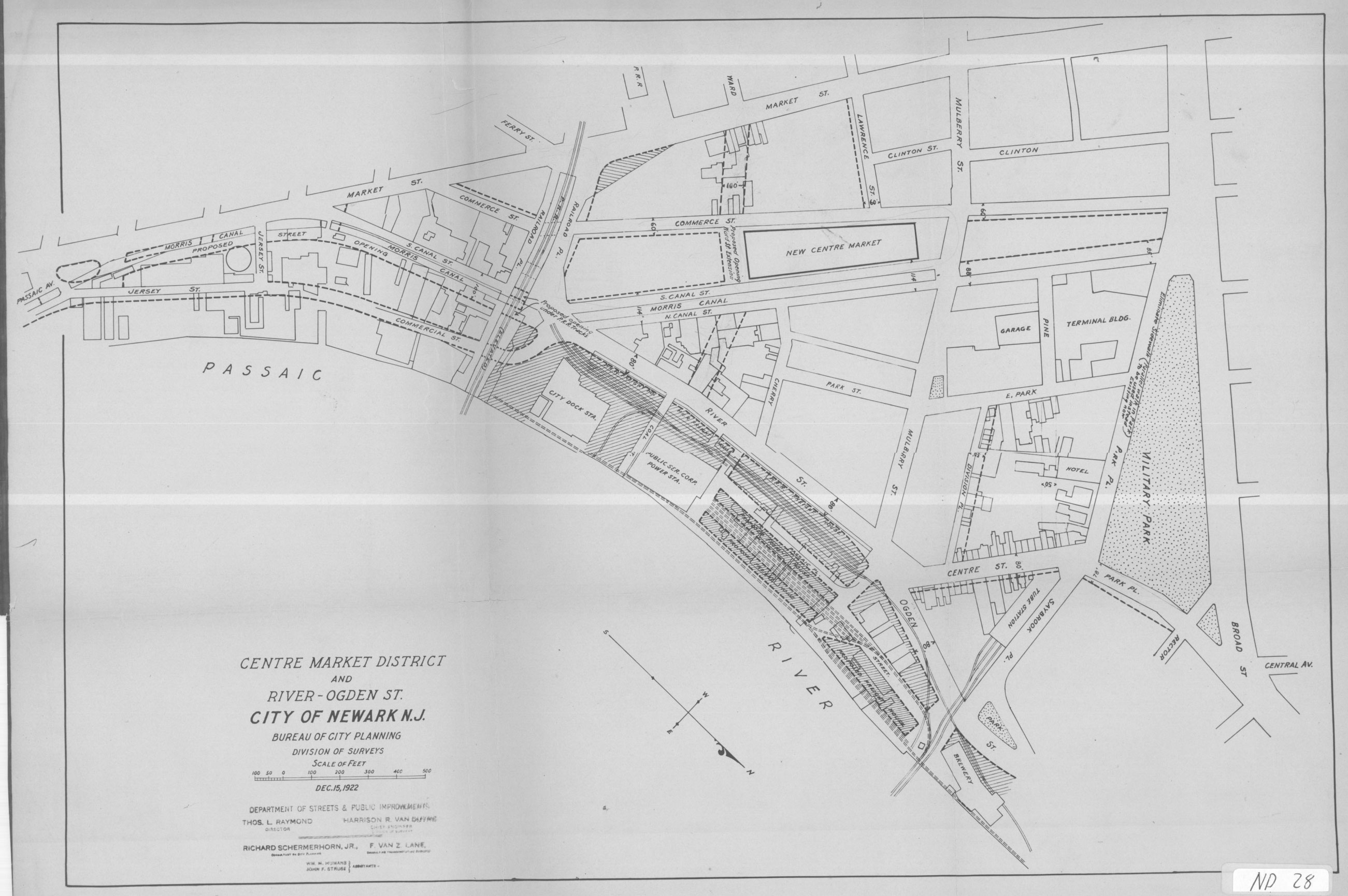 Map of proposed street alterations in downtown Newark. &copy; Newark Public Library.  https://archive.org/details/NewarkMapND28 