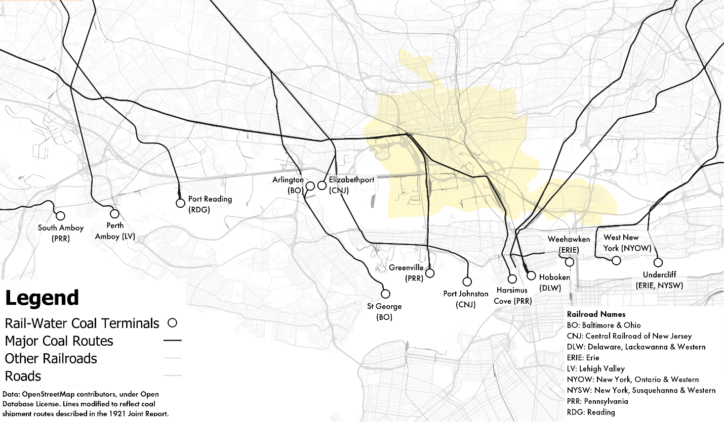 Primary coal shipment routes in northern New Jersey, ca. 1914. Greater Newark is highlighted in yellow. North is to the right on this map. Map by author.