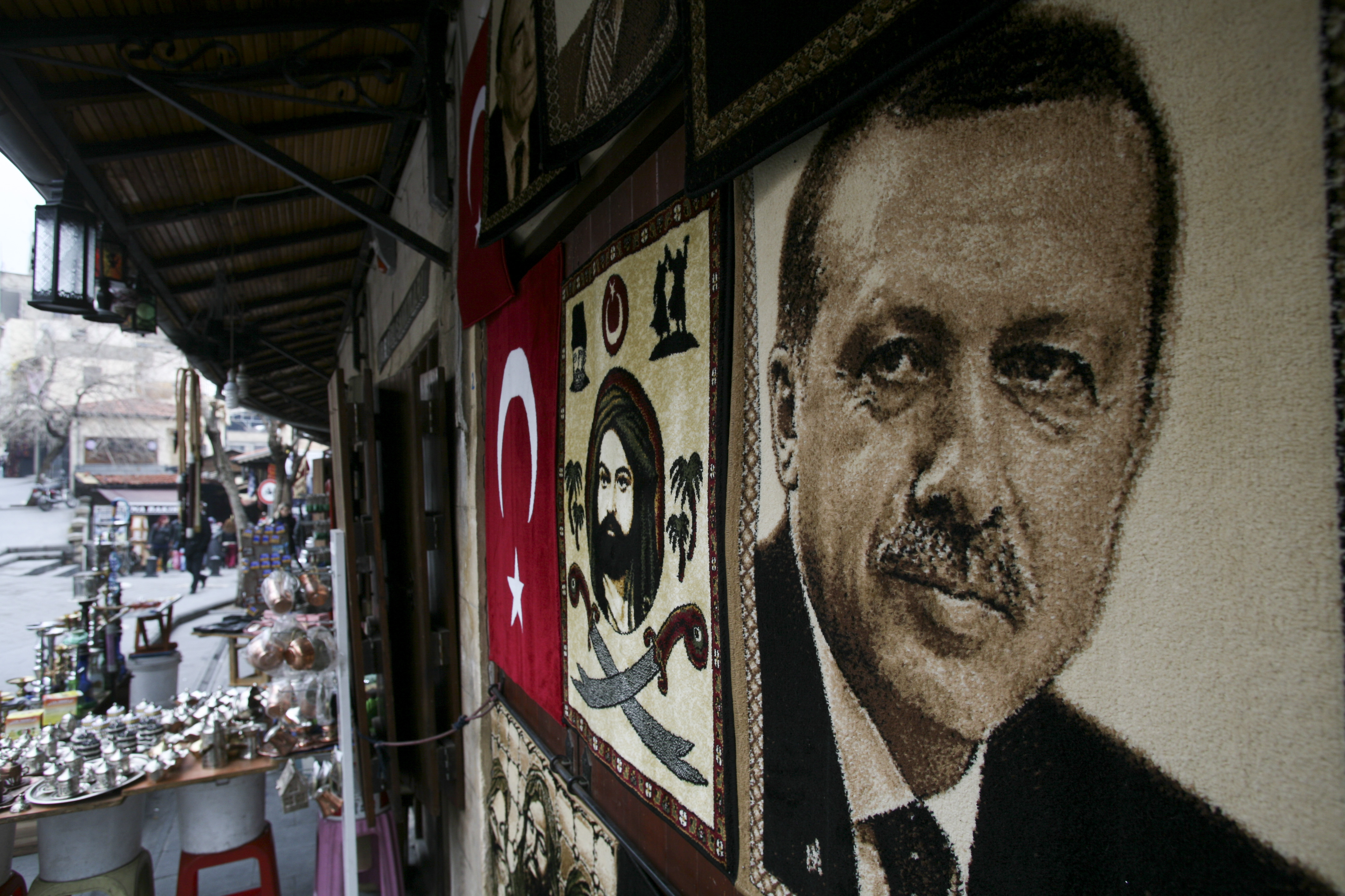 A rug featuring Turkish President Erdoğan's portrait for sale in Gaziantep, 2014. Photo by author.