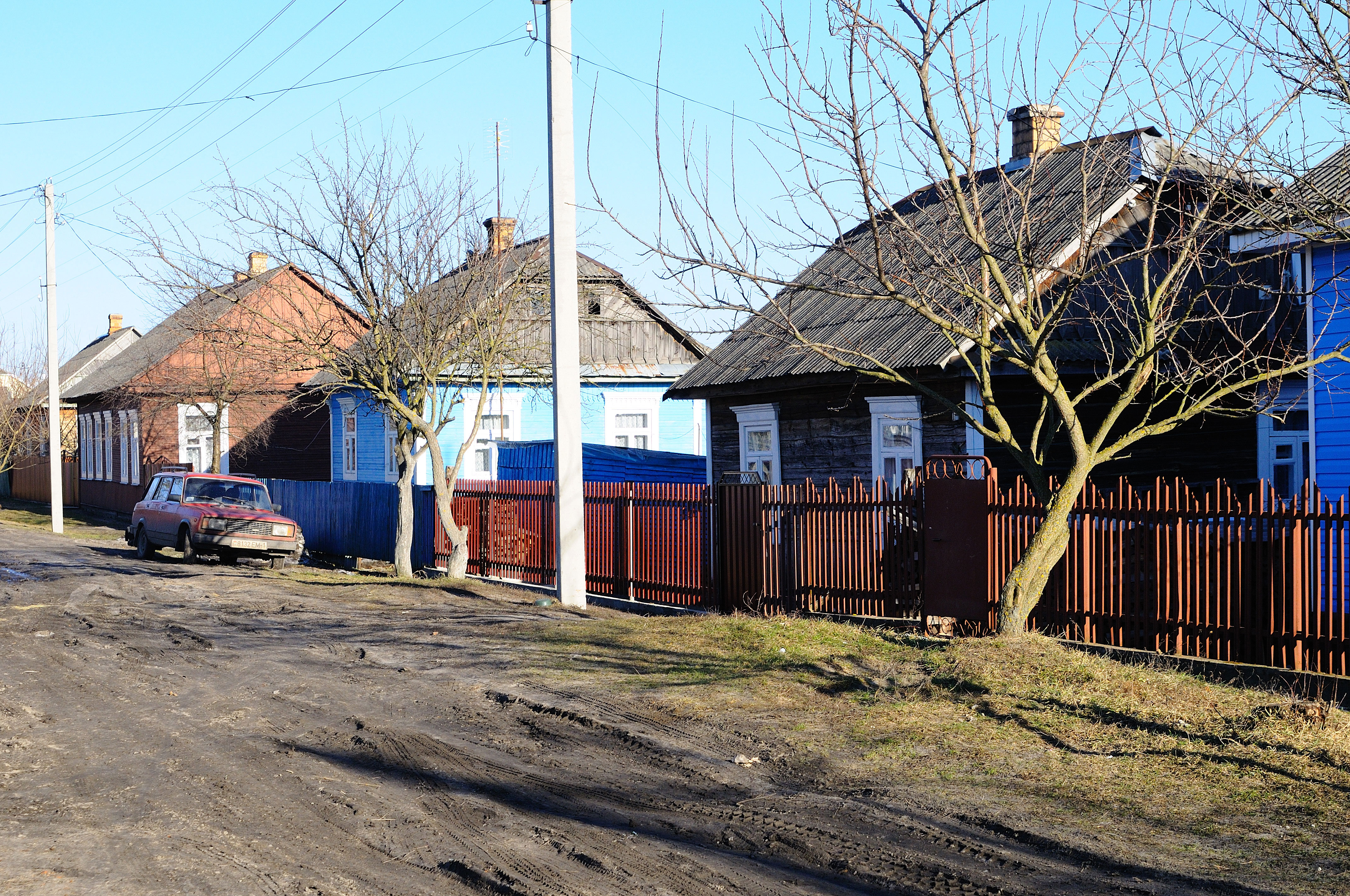 Figure 4: Wooden one-family homes, typical for Polesia and the wider region, lining a street in Davyd-Haradok, a small town in southwestern Belarus. Photo by the author. 