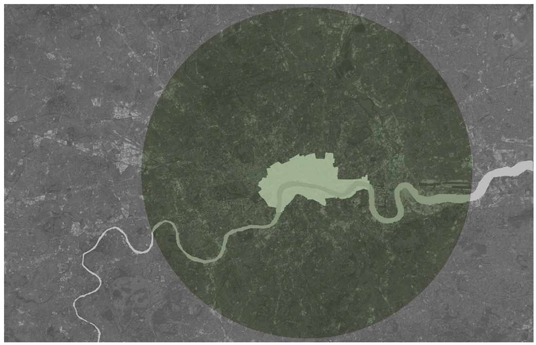 Diagram showing the extent of Nourse’s scheme for a 60,000-acre managed woodland around London, superimposed over an aerial image of greater London, 2015. Area shaded green is woodland. Area shaded white is the extent of metropolitan London, c. 1690. 