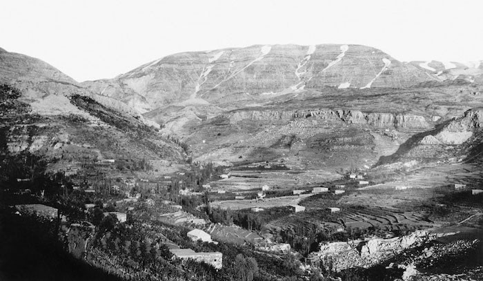 This 1910 photograph of Faraya, Mount Lebanon, taken by French missionary Father Joseph De-lore, shows agricultural terraces carved into the mountain slope. 
© 2007 - Université Saint-Joseph https://www.usj.edu.lb/delore/files/paysages.htm 
