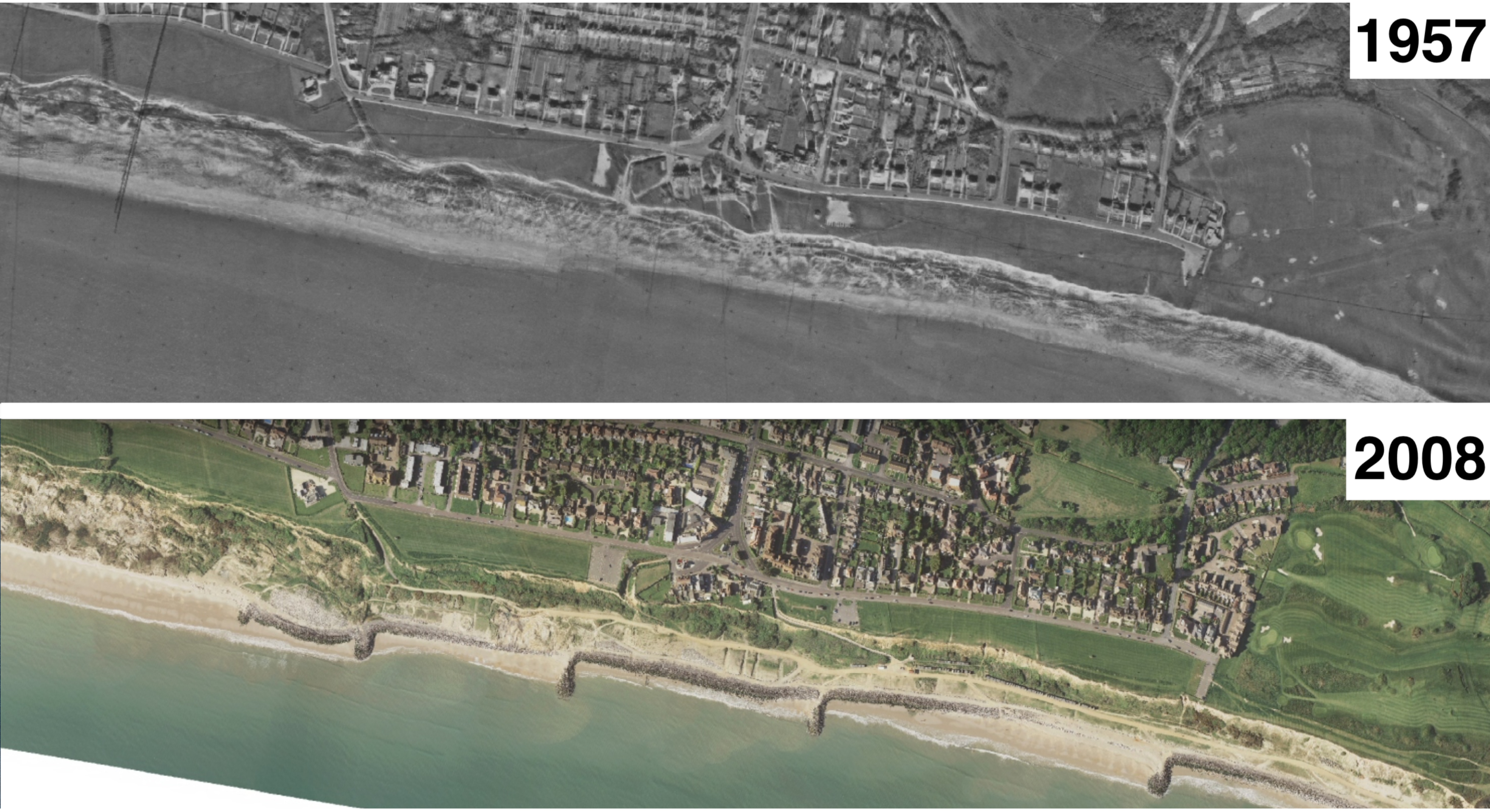 Figure 8.
Air photography demonstrating the uneven erosion of one section of the Barton on Sea cliff line and the stone groynes.
Provided by New Forest District Council.