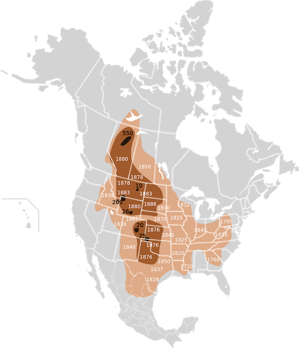 Map of the extermination of the American Bison to 1889. Adapted from a drawing of William Temple Hornaday in "Geographisches Handbuch zu Andrees Handatlas, vierte Auflage, Bielefeld und Leipzig, Velhagen und Klasing, 1902"