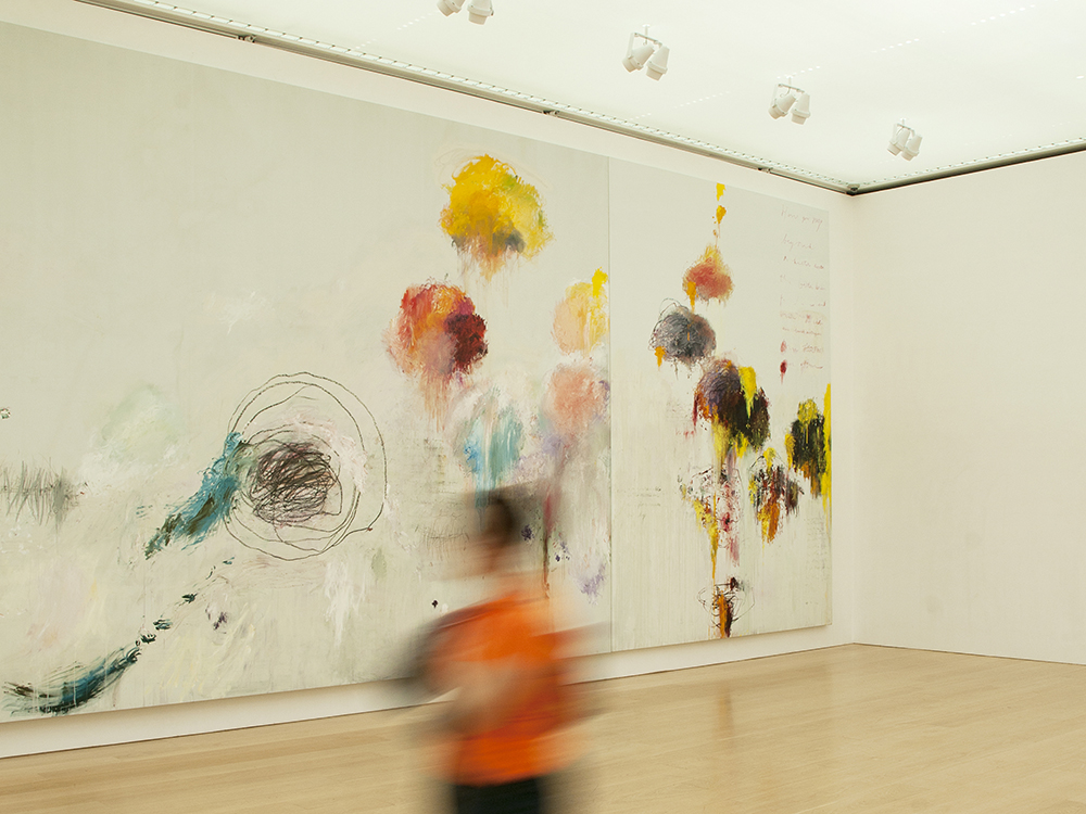 Cy Twombly, Untitled (Say Goodbye, Catullus, to the Shores of Asia Minor) (installation view), 1994, oil, acrylic, oil stick, crayon, and graphite on three canvases 157 1/2″ × 624″. Courtesy the Menil Collection, Houston.
