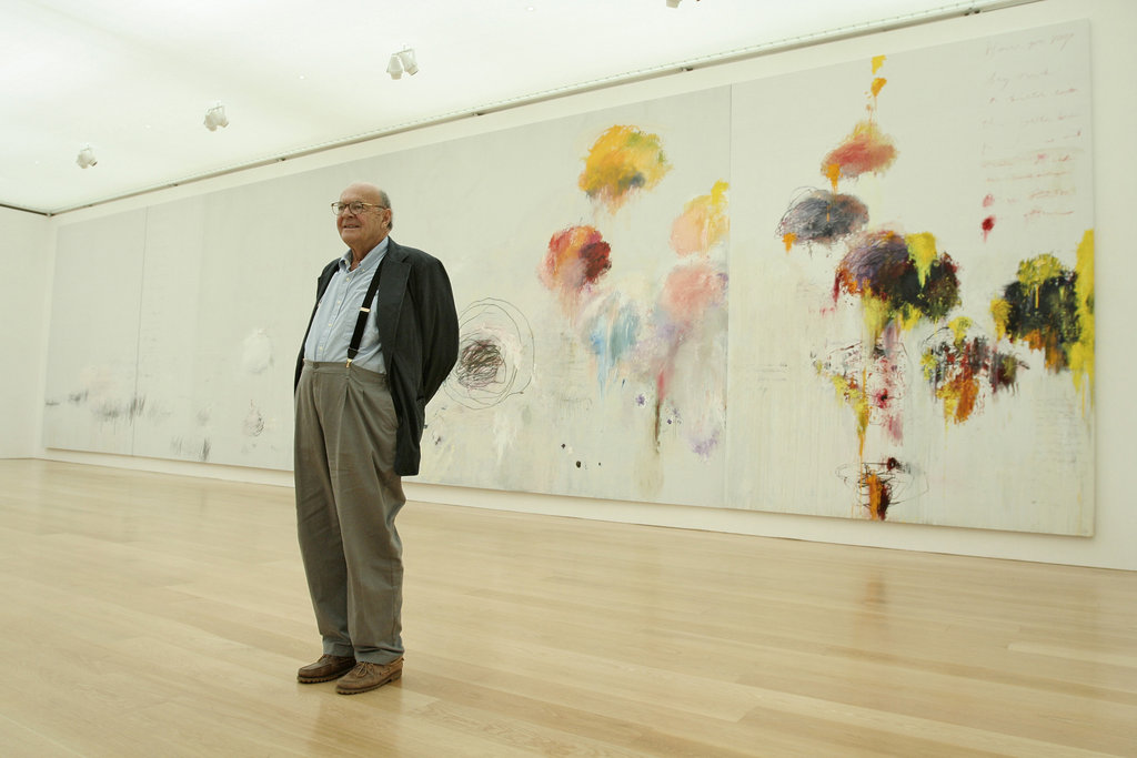  Cy Twombly with his painting "1994 Untitled (Say Goodbye Catullus, to the Shores of Asia Minor)," at the Menil Collection in Houston in 2005. Credit Michael Stravato for The New York Times.