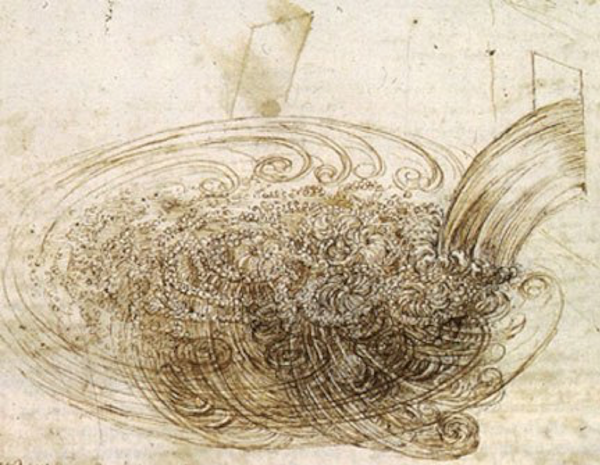 Studies of Water passing Obstacles and falling (c. 1508 - 1509) - detail. Leonardo da Vinci. Wikimedia.