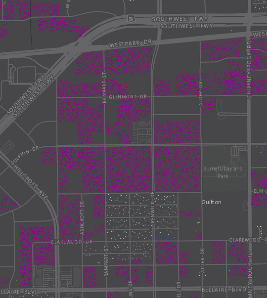 Each purple dot in the image above represents a single unit within a large multi-family property in the Gulfton area. The small number of other colors visible reflects the absence of other types of homes. Map by Jean Aroom. Data from Harris County Appraisal District.