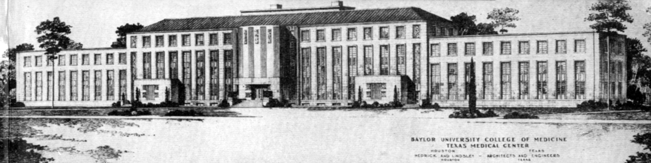 Baylor College of Medicine, Hedrick and Lindsley. 1200 Moursund Avenue. The Baylor College of Medicine (1947) was the first new building completed after the inauguration of the Texas Medical Center. It still functions in its original use. The bas-relief sculptural panels on the front elevation were executed by Edward Z. Galea. The chunky porte-cochere projecting into the motor court along with the round fountain was a later addition by Ray Bailey Architects (1982).