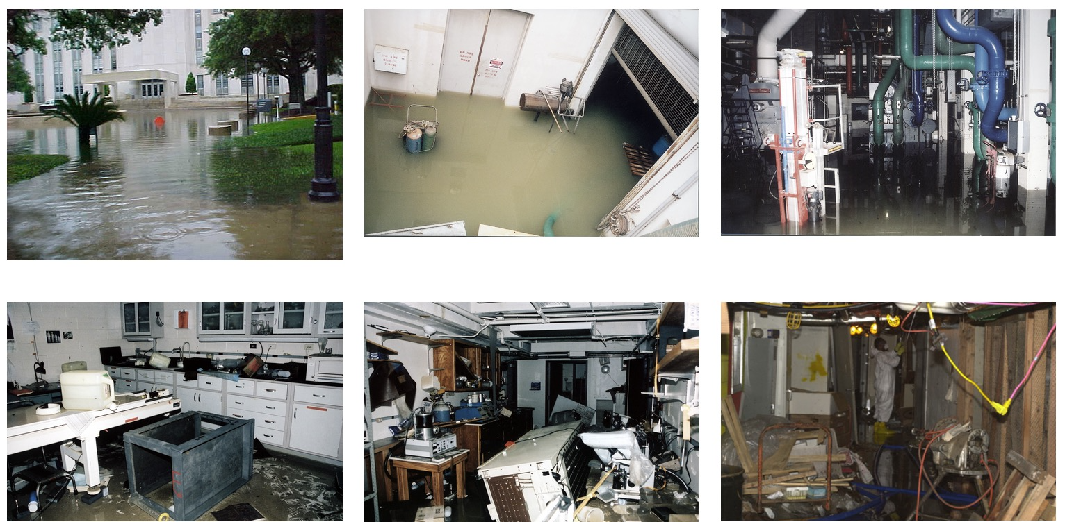 in 2001 Tropical Storm Allison stormed through Houston and dropped enough water on the College to cause $495 million in damages. Years of research data and materials were lost. Photos: Andy Phifer.