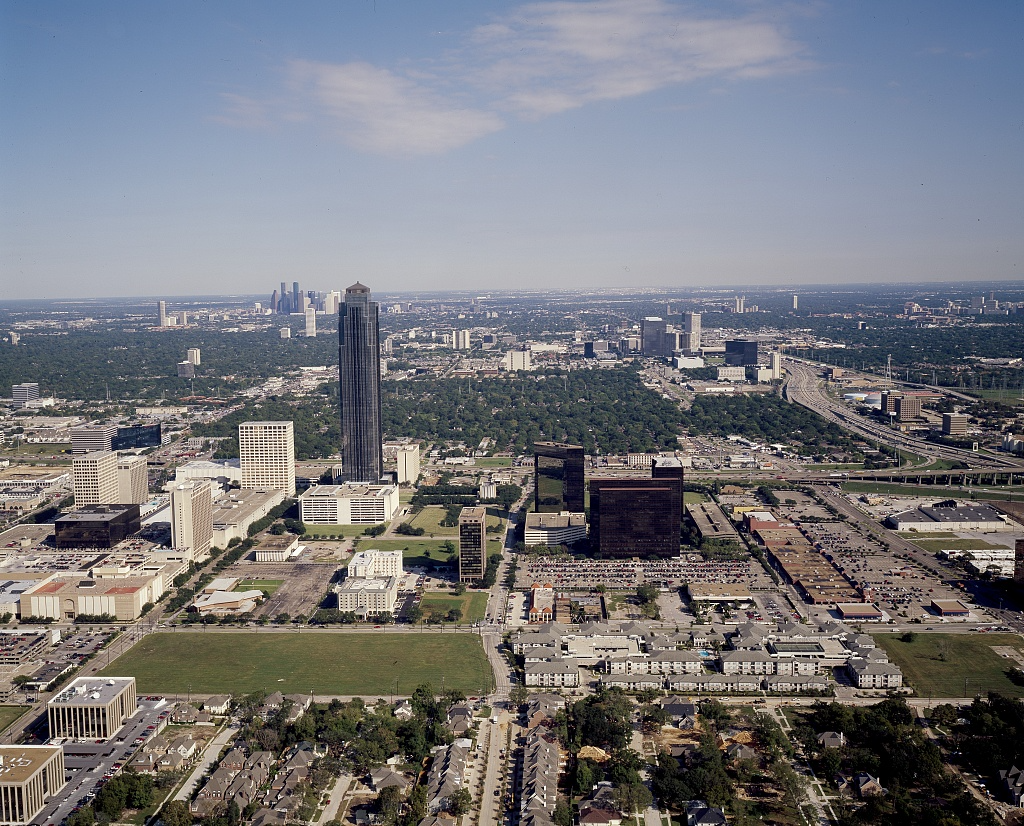 Aerial view of Transco Tower (Williams Tower) by architect Philip Johnson. Houston skyline is in the background.