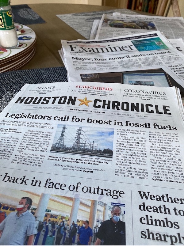 Frontpage of Houston Chronicle, February 19, 2021.