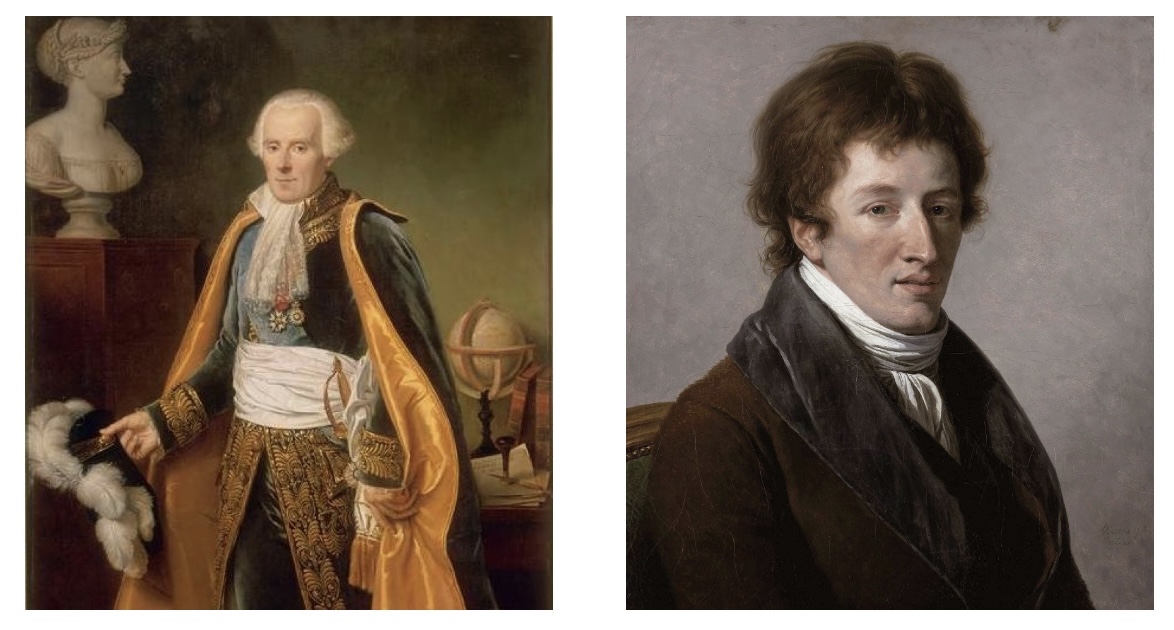 (L) Pierre Simon Marquis de Laplace (1745-1827) by Jean-Baptiste Guérin, 1838. Wikimedia Commons. (R) George Cuvier (1769-1832) by François-André Vincent, 1800. Wikimedia Commons. 