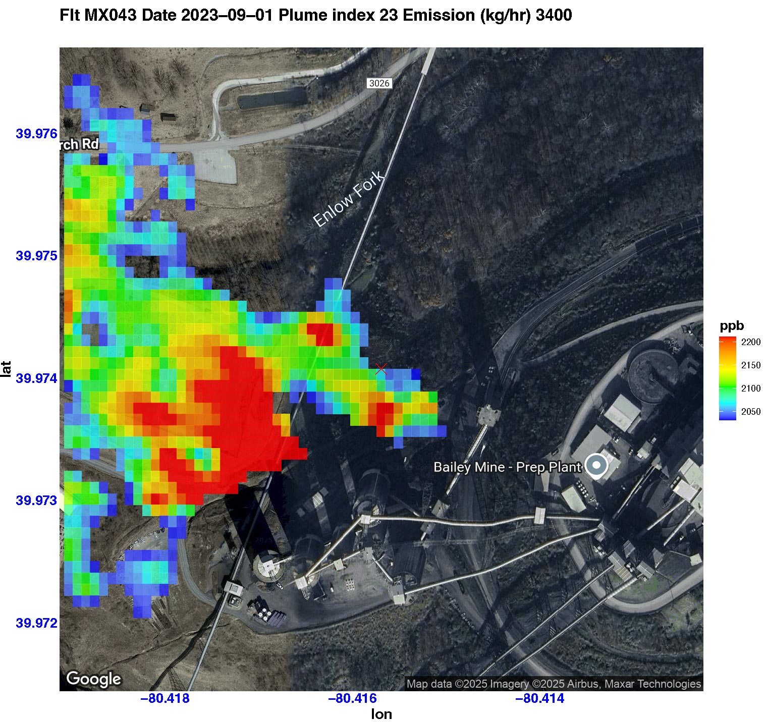 A plume image showing a methane emission measurement taken above the Pennsylvania Mining Complex by the MethaneAir project on September 1, 2023. Image generated by Professor Steven Wofsy. A plume image showing a methane emission measurement taken above the Pennsylvania Mining Complex by the MethaneAir project on September 1, 2023. Image generated by Professor Steven Wofsy.