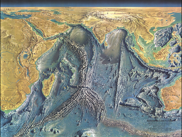 Atlantic Tharp Map: Marie Tharp and Bruce Heezen, “A map of the Atlantic Ocean floor published in 1968 based on a large number of deep ocean soundings compiled by Bruce Heezen and Marie Tharp, painted by Heinrich Berann for National Geographic Magazine. Image courtesy of Ken Feld, International Cartographic Association. Reprinted in Dawn J. Wright, “Swells, Soundings, and Sustainability, but…‘Here Be Monsters’,” Oceanography 30.2 (June, 2017), https://www.researchgate.net/figure/A-map-of-the-Atlantic-Ocean-floor-published-in-1968-based-on-a-large-number-of-deep-ocean_fig1_317409531, accessed 26 November 2018 (link provided by Surabhi Ranganathan). 