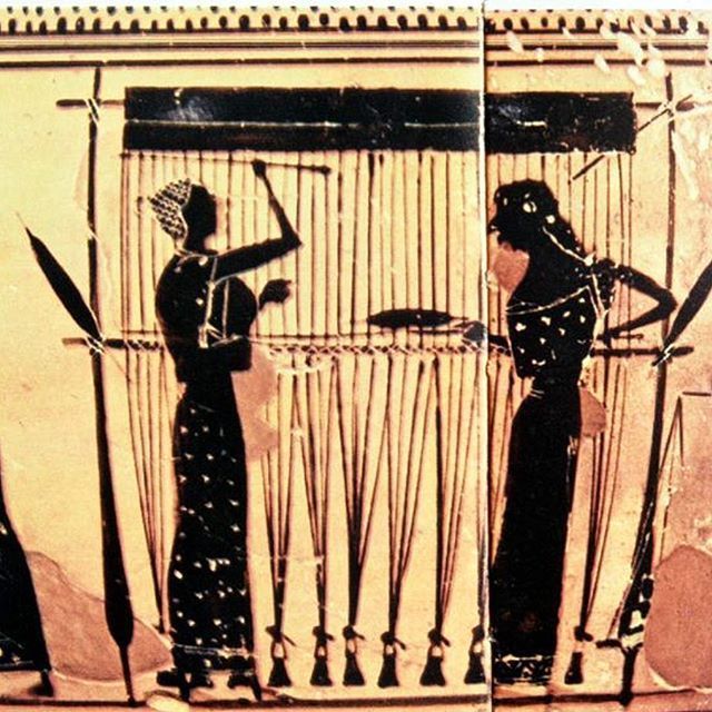 Vase, 560 BC, showing vertical loom & loom weights in use. Illustration from Women’s Work of a vase in the Metropolitan Museum.