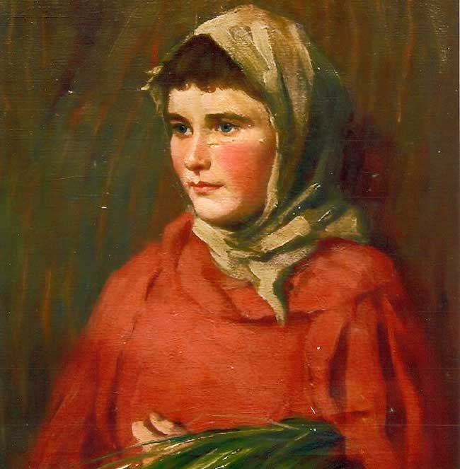Colour print of a portrait “A Tiree Girl”, belonging to Su and Ian Aitkens, Balephuil. The girl is thought to be Ellen MacDonald, Balephuil (1886-1988), who emigrated to Manitoba, Canada, in 1910 with her sister Catherine. Unknown artist, although could have been painted by D. MacGregor-Whyte in the 1930s, who painted “The Lady of the Manse” in 1935, also owned by the Aitkens. An Iodhlann.