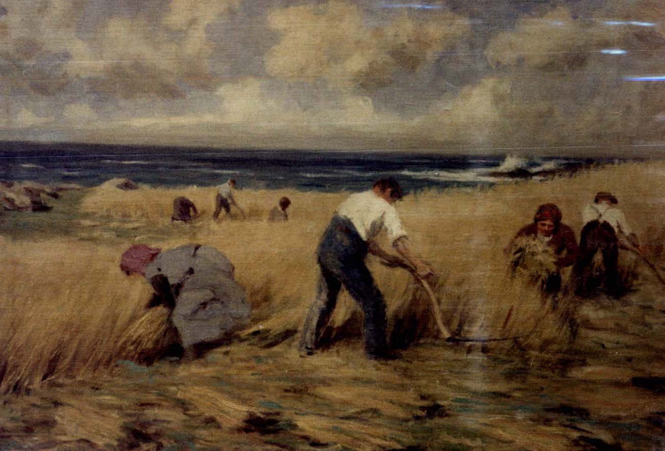 Painting titled `The Harvesters` by Duncan MacGregor Whyte. An Iodhlann.