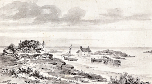 Black & white photograph of a postcard illustrated with a line drawing of a view of Scarinish Harbour from the machair. The Mary Stewart, freight store and a thatched cottage are included. ca. 1900. An Iodhlann.