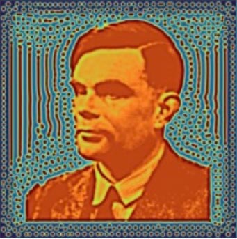 Alan Turing, framed by spots and stripes arising from a Turing mechanism. Walker, B. J., Townsend, A. K., Chudasama, A. K., & Krause, A. L. (2023). VisualPDE: rapid interactive simulations of partial differential equations. Bulletin of Mathematical Biology, 85(11), 113. Click on image for an interactive version of spots and stripes surrounding a portrait of Alan Turing 