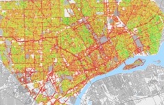 Figure 5. Perception map of Detroit at 200 images/square mile, from 'Streetscore: predicting the perceived safety of one million streetscapes' by Nikhil Naik, Jade Philipoom, Ramesh Raskar, César Hidalgo, 2014.