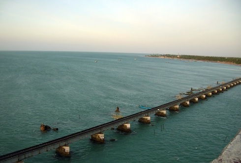 Pamban bridge, which was built for the railroad linking the Pamban island (which belongs to India) with Mandapam on the Indian mainland